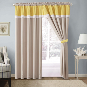 4 Piece Coral Orange / Light Grey Color Block Emma Curtain Set with Attached Valance and Sheers