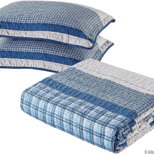 All American Collection Blue and Gray Modern Plaid 2-Piece Twin Bedspread and Pillow Sham Set | Matching Curtains Available