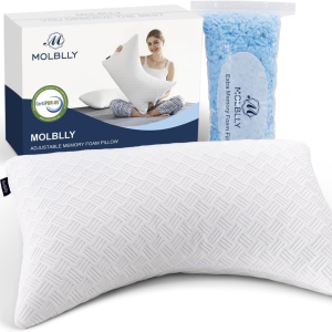 Molblly Standard Pillows Shredded Memory Foam Set of 2 Pack Standard Size Cooling Bed Pillows 20 X 26 In,Adjustable Loft Washable the Pillow for Side Back Stomach Sleeper Pillows for Sleeping