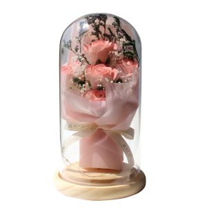 Artificial Rose Dried Flowers Gypsophila Babysbreath Bouquet Glass Cover Ornaments LED Small Night Lamp Valentine's Day Gift